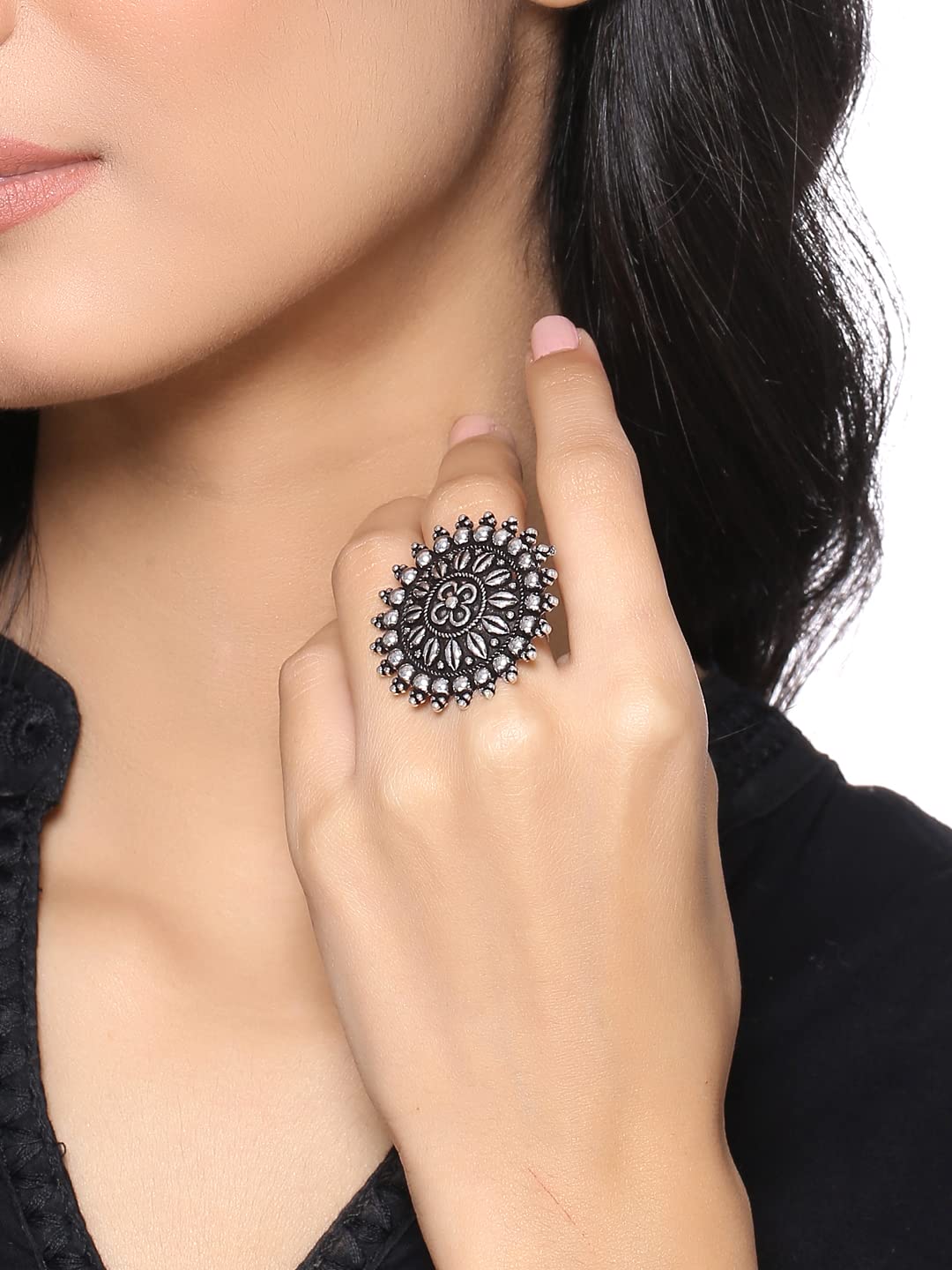 Jaipur's Handmade Silver Oxidised Chain Rings Based On Trible Design For  Women