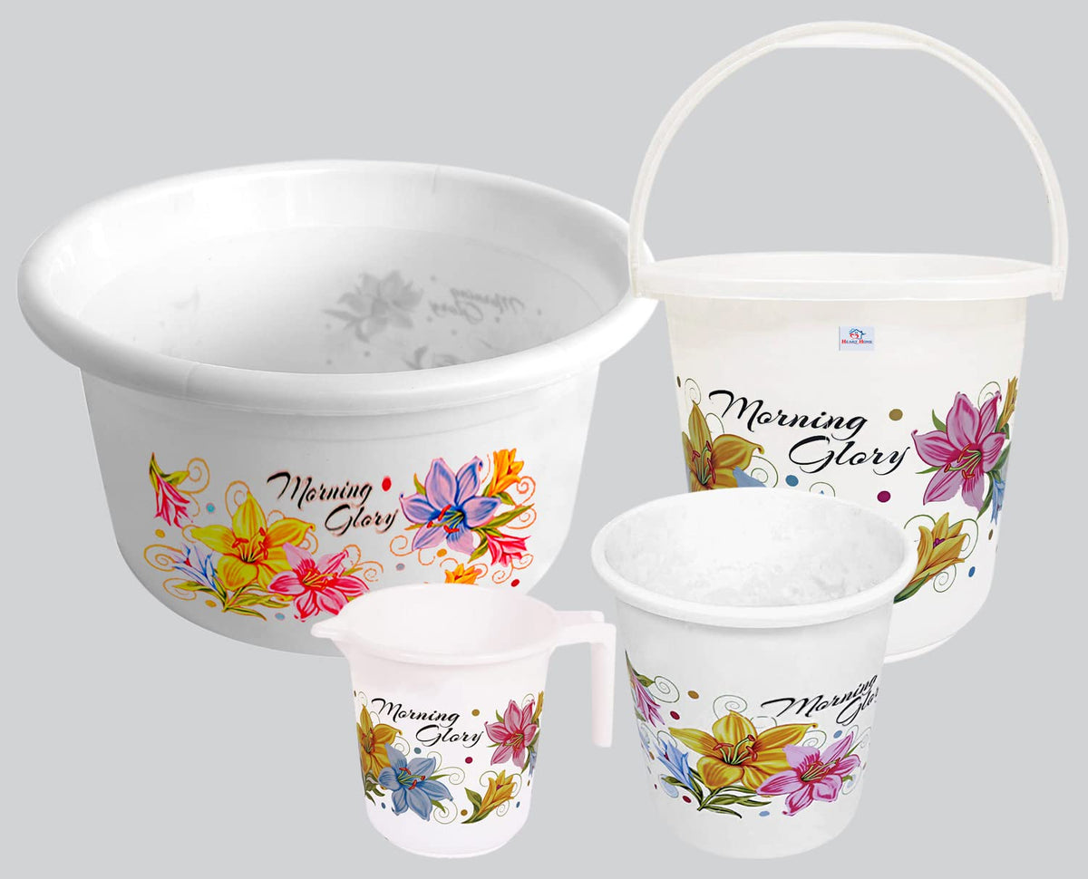 Heart Home Printed 4 Pieces Plastic Bucket, Dustbin, Mug & Tub Set (White)