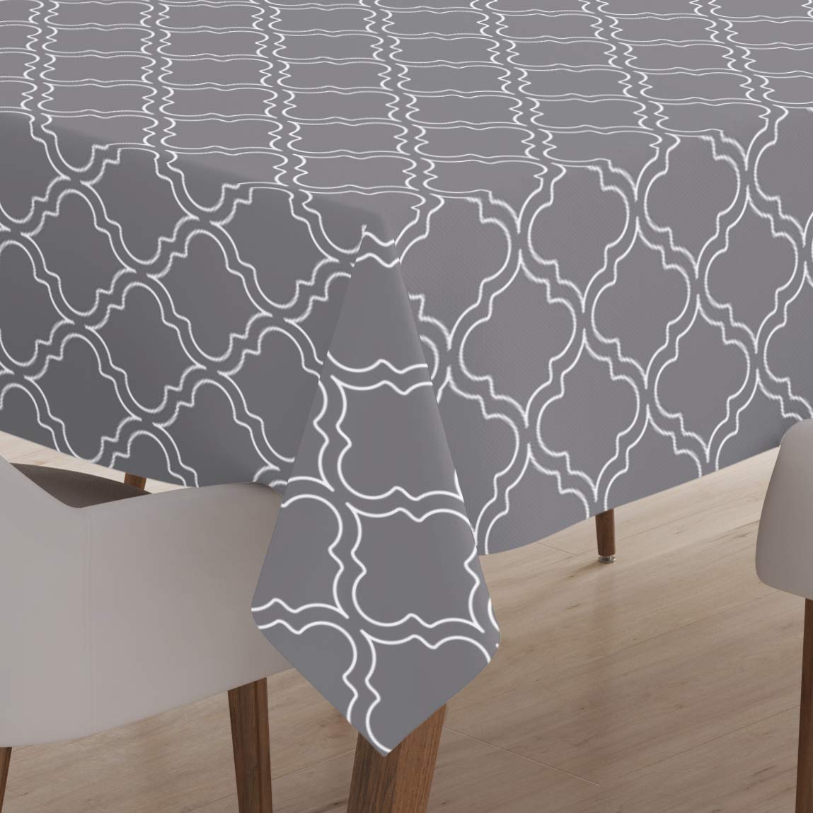 Encasa Homes Printed Table Cloth 4.6 ft for 4 Seater Dining Table, 100% Silky Polyester, Machine Wash to Remove Food Stains, Non-Fading, Non-Shrinking, Cheap & Durable - Grey Trellis