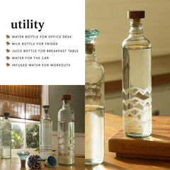 Ellementry frosted chevron glass bottle with brown wood stopper| 750 ml | Clear | Water Bottle | Milk Bottle | Juice Bottle | Cocktail Bottle | Handcrafted | Sustainable | Food Safe | Fusion |