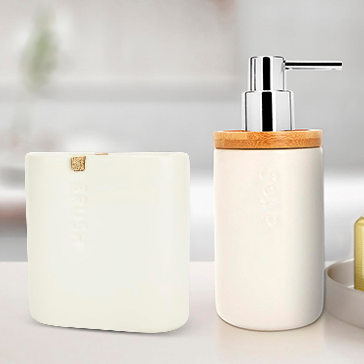 Anko Stoneware & Bamboo Toothbrush Holder (11.5 x 11 x 5 cm) & Liquid Soap Dispenser (320 mL) Set for Bathroom | Rust-Proof, Leak-Proof, Easy to Clean | Bathroom Sanitizer, Lotion Set