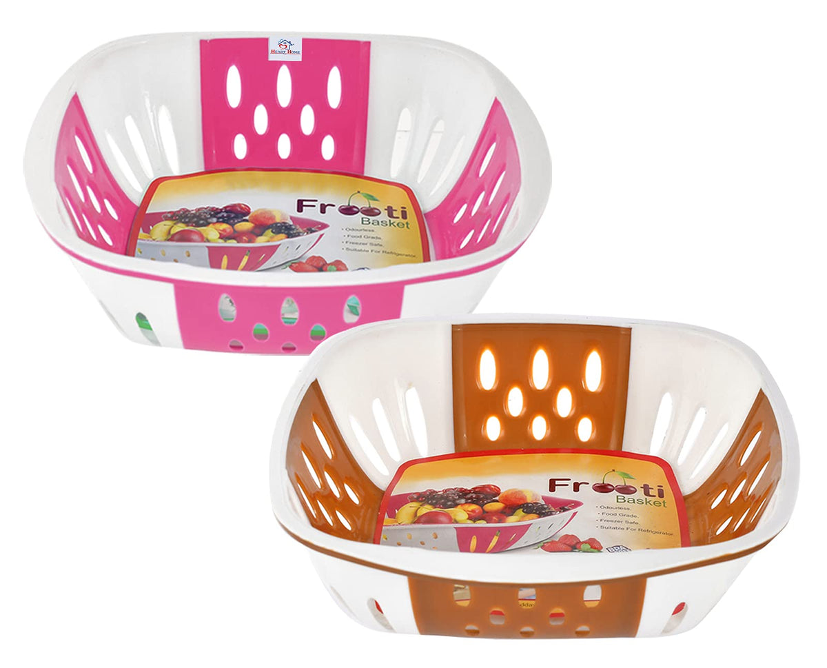 Heart Home Large Plastic Fruit, Vegetable Storage Basket- Pack of 2 (Pink & Brown)-HS42KUBMART25401