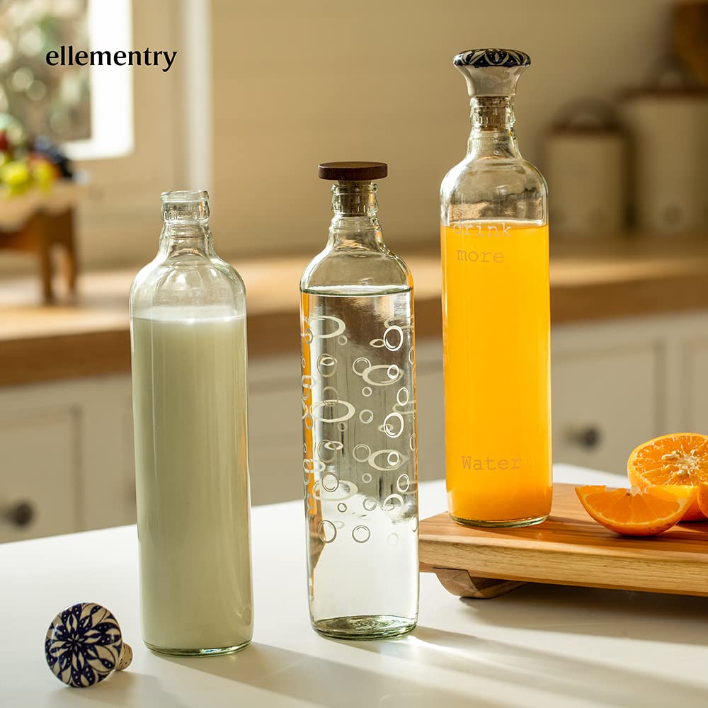Ellementry bubbles glass water bottle with wooden stopper| 750 ml | Clear | Water Bottle | Milk Bottle | Juice Bottle | Cocktail Bottle | Handcrafted | Sustainable | Food Safe | Cultural Revival | Set of 4