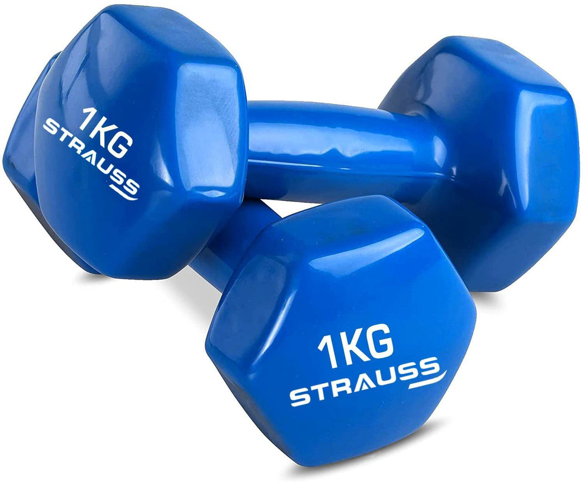 Strauss Premium Vinyl Dumbbells Weight for Men & Women | 2.5 Kg (Each) | 5 Kg (Pair) | Ideal for Home Workout, Yoga, Pilates, Gym Exercises | Non-Slip, Easy to Hold, Scratch Resistant (Blue)