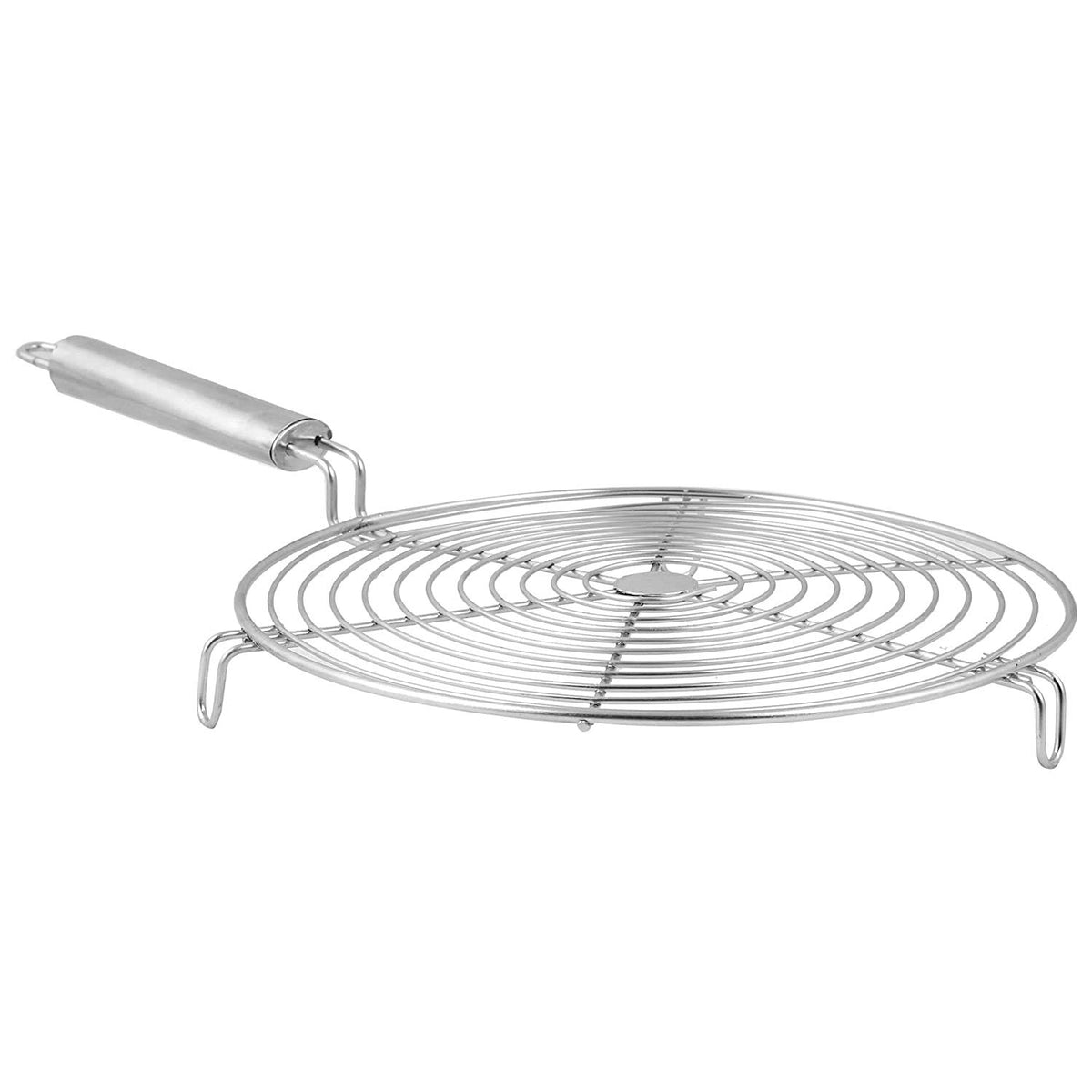 Kuber Industries Small Kitchenware Stainless Steel Round Roaster Jali Griller with Steel Handle (Silver, Standard)