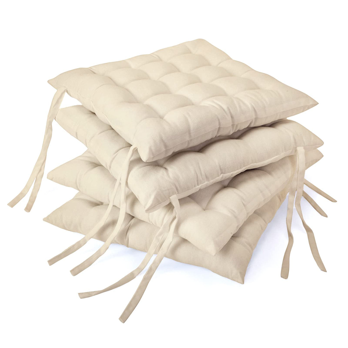 Encasa Homes 4 pcs Chair Cushions 40x40 cm - Natural - Dyed Canvas Square Seat Cushions with Micro-Fiber Filling & Ties for Sitting, Pooja, Dining & Office Table