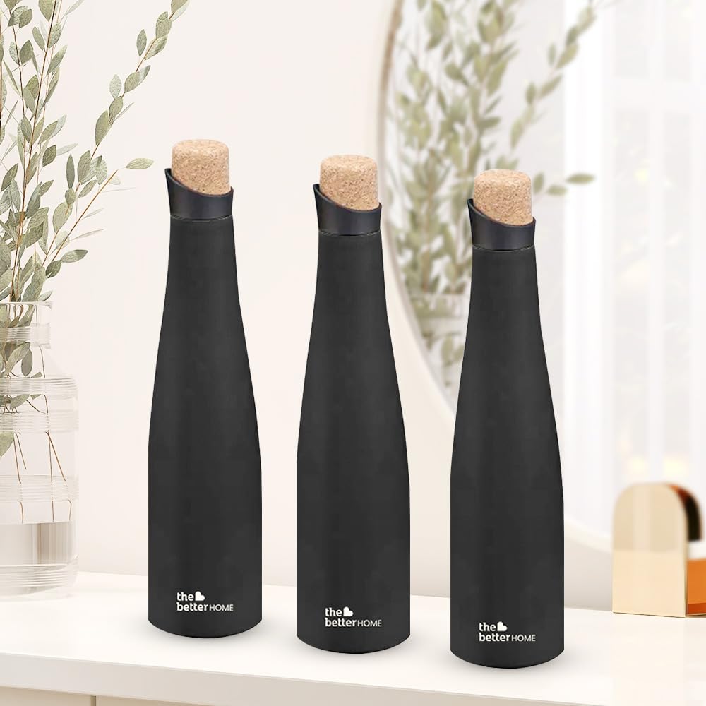 The Better Home Insulated Stainless Steel Water Bottle with Cork Cap | 18 Hours Insulation | Pack of 3-500ml Each | Hot Cold Water for Office School Gym | Leak Proof & BPA Free | Black Colour