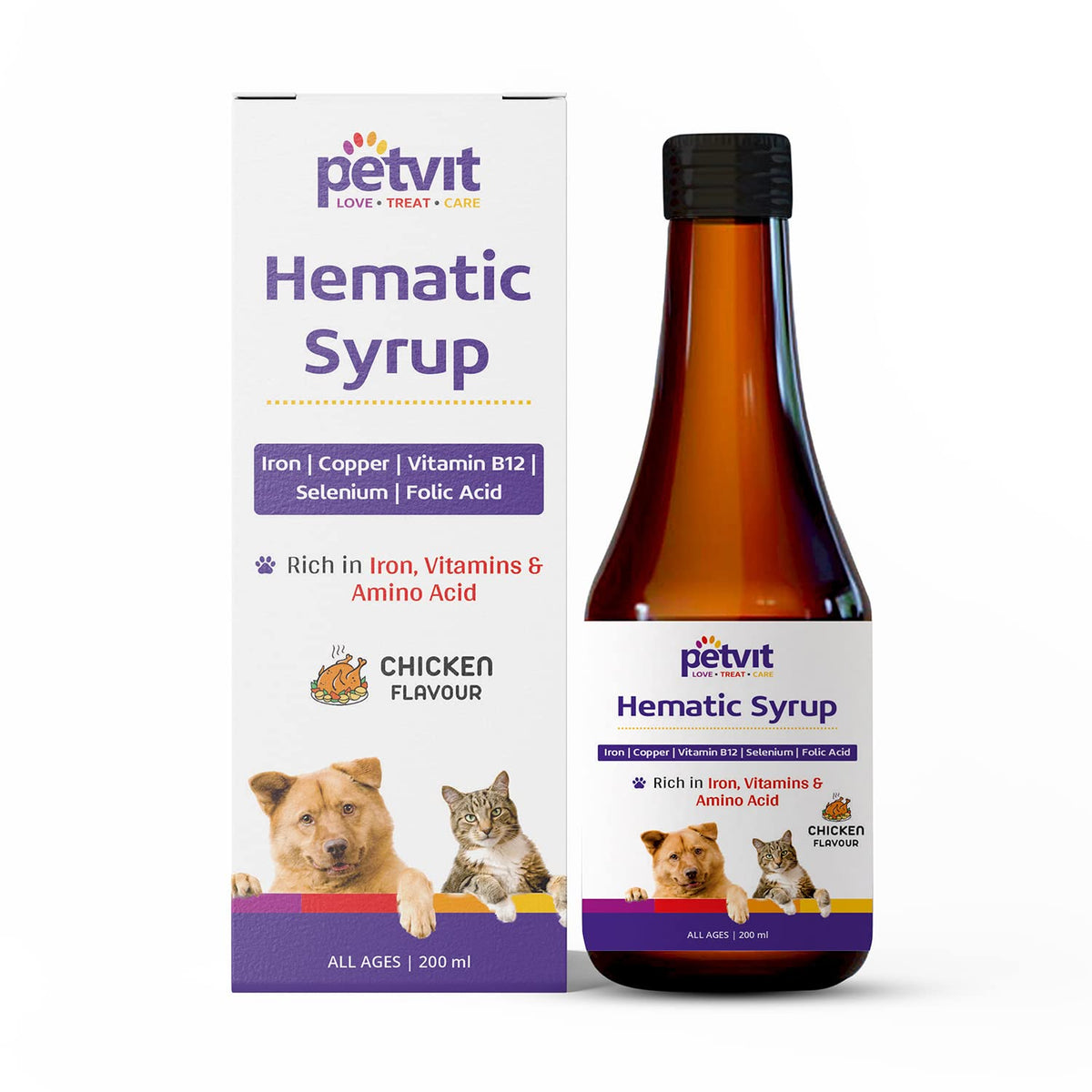 Petvit Hematic Syrup with Iron as Ferrous Sulphate, Zinc, Copper, Selenium, Vitamin B12 | Prevents Iron & Nutritional Deficiency Anemia | Chicken Flavor | for All Ages Breed Dogs & Cats – 200ml