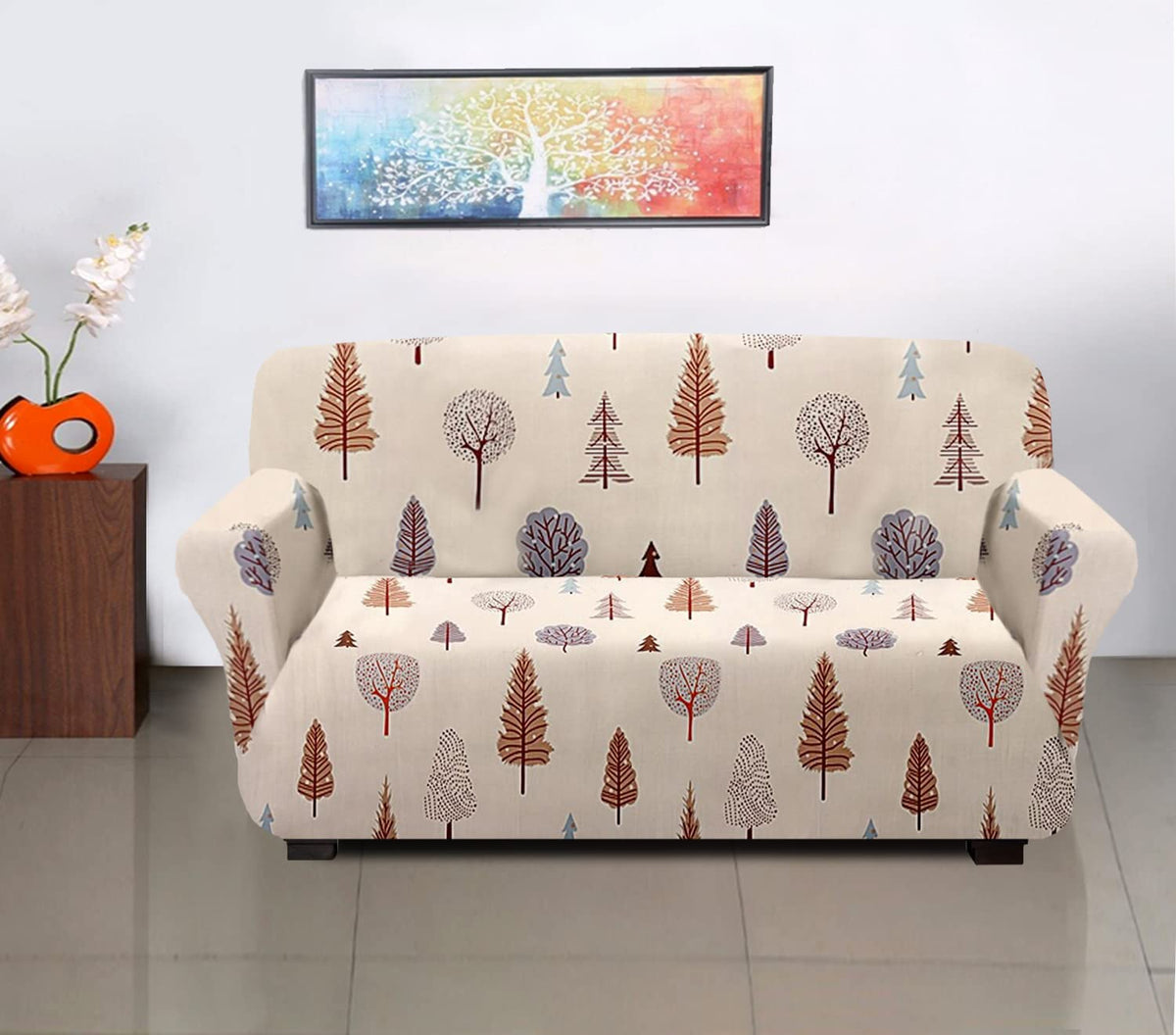 Kuber Industries Leaf Printed Stretchable, Non-Slip Polyster 3 Seater Sofa Cover/Slipcover/Protector with Foam Stick (Cream)-50KM01421, Standard