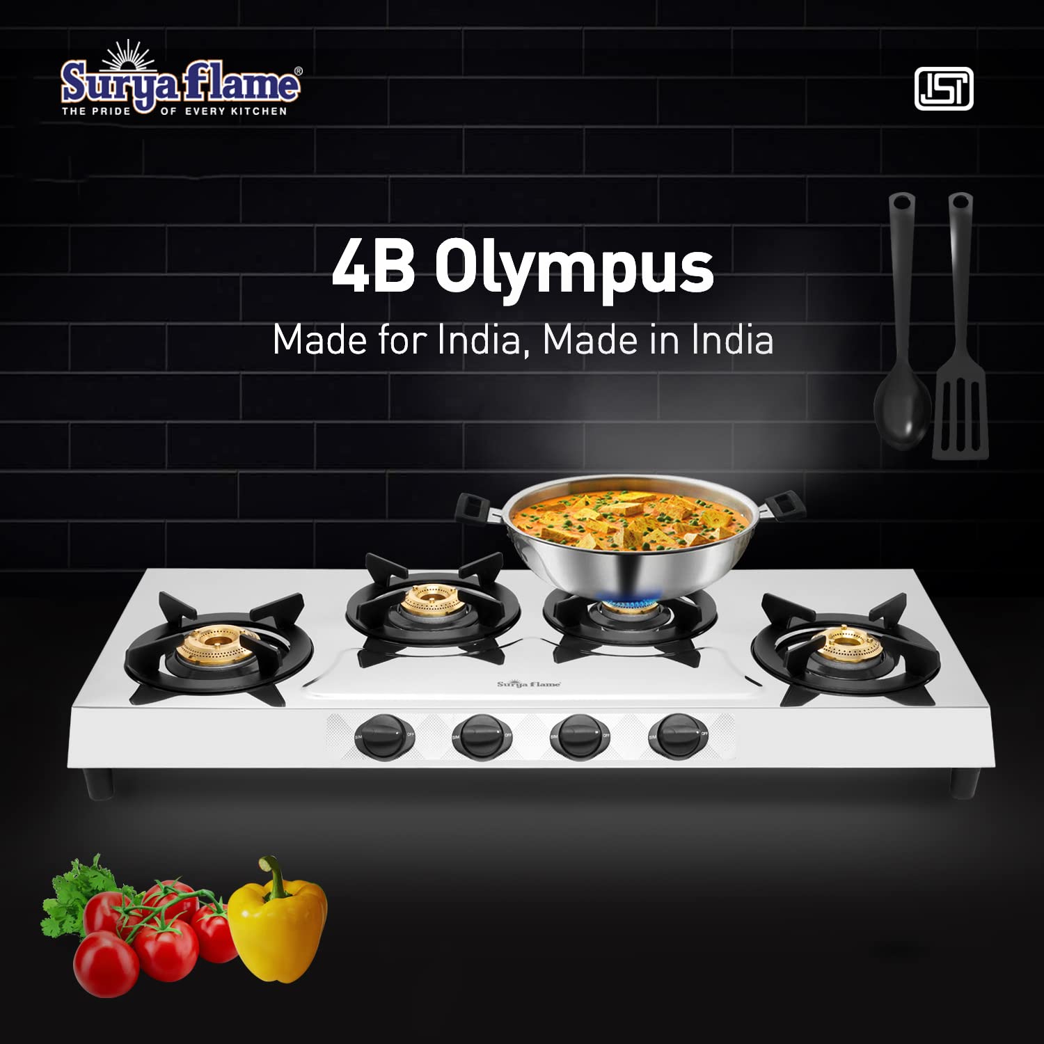 Surya Flame Olympus Gas Stove LPG Stove with Stainless Steel Pan Support Anti Skid Rubber Legs - 2 Years Complete Doorstep Warranty (4 Burner, 2)