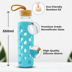 The Better Home Borosilicate Glass Water Bottle with Sleeve 550ml | Non Slip Silicon Sleeve & Bamboo Lid | Water Bottles for Fridge | Light Blue (Pack of 10)