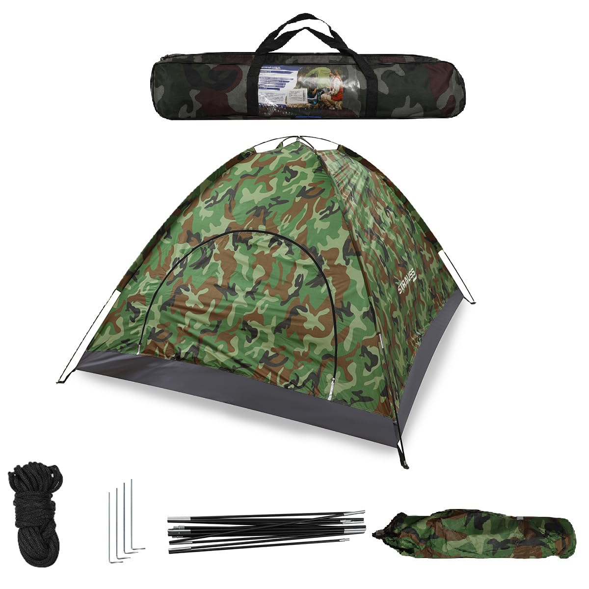 STRAUSS Portable Tent For Camping | 5-10 Minutes Easy Setup | Ideal For Picnic, Hiking, Trekking ,Outdoor Tent for Travel | Waterproof and Windproof Tent for Camping | Superior Air Ventilation | Ideal For 4 Persons,(Military Color)