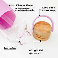 The Better Home Borosilicate Glass Water Bottle with Sleeve (500ml) | Non Slip Silicon Sleeve & Bamboo Lid | Fridge Water Bottles for Men, Women & Kids | Water Bottles for Fridge | Pink (Pack of 10)
