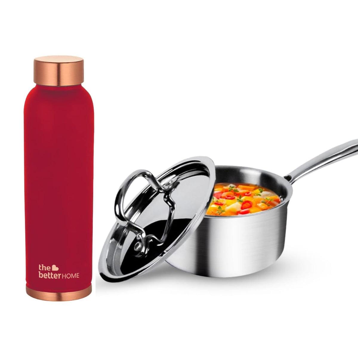 The Better Home 100% Pure Copper Water Bottle 1 Litre, Teal & Savya Home Triply Stainless Steel Saucepan with Lid, 18cm, 2.2 litres (Stove & Induction Cookware) (Red)