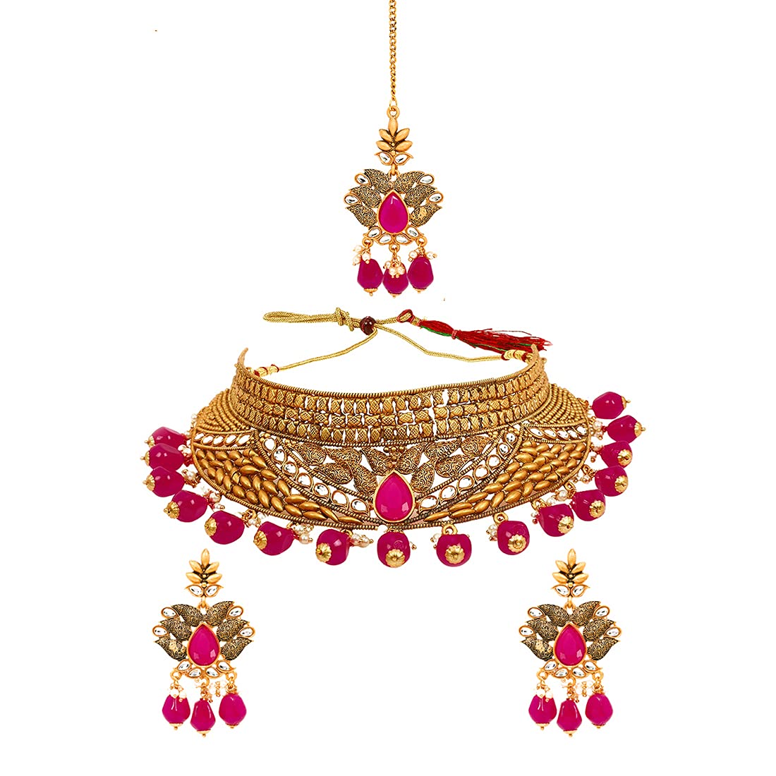 Yellow Chimes Gold Plated Traditional Kundan Studded Pink Pearl Choker Necklace Set with Chandbali Earrings and Maang Tikka Bridal Jewellery Set for Women (YCTJNS-09BDSCHK-PK, Gold, Pink, Medium)