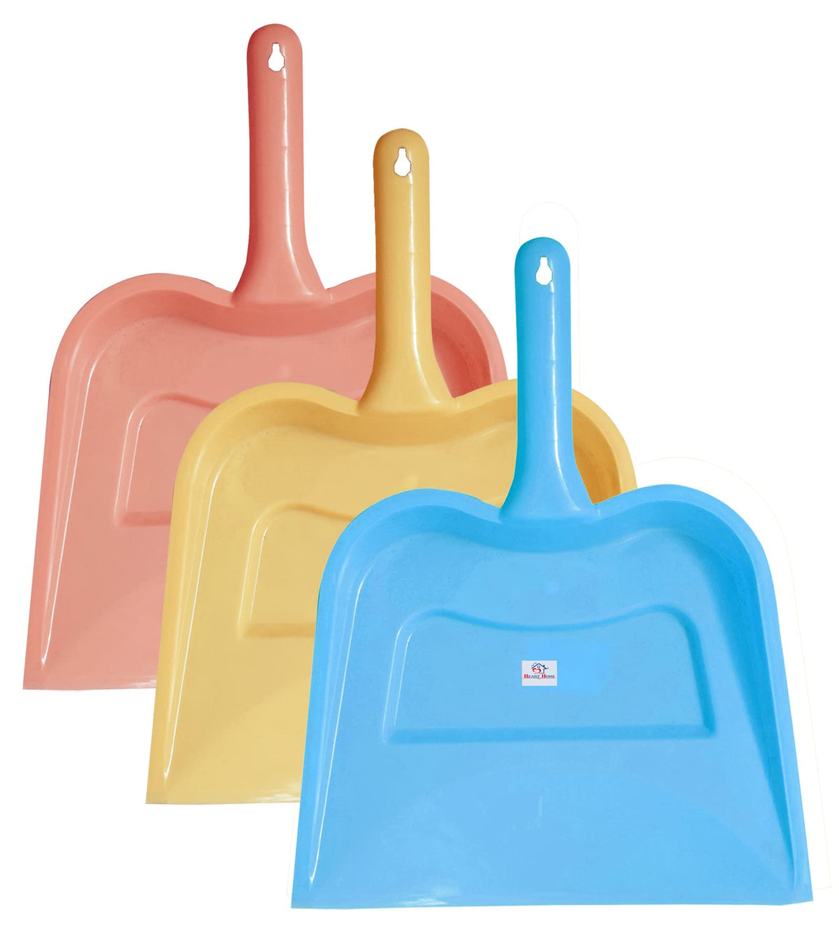 Heart Home Plastic Lightweight 12" Dustpan with Comfort Grip Handle for Easy Sweep Broom, Pack of 3 (Blue & Cream & Pink)