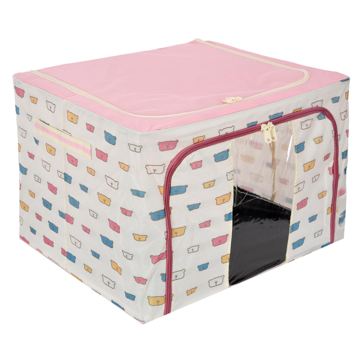 Kuber Industries Storage Box | Steel Frame Living Box | Storage Organizer For Clothes | Saree Cover for Woman | Teddy Print Cloth Organizer | 66 Liter | Pink