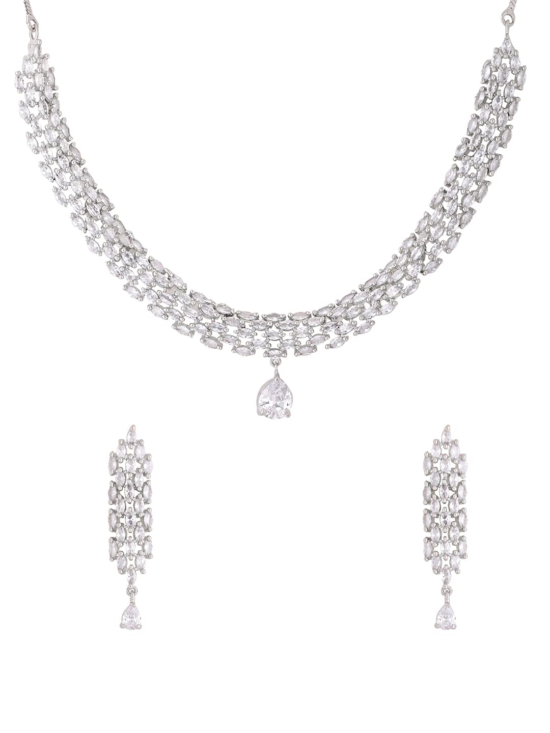 Yellow Chimes Jewellery Set for Women and Girls American Diamond Jewellery Set | Rhodium Plated White AD Necklace Set for Women | Birthday Gift for girls and women Anniversary Gift for Wife