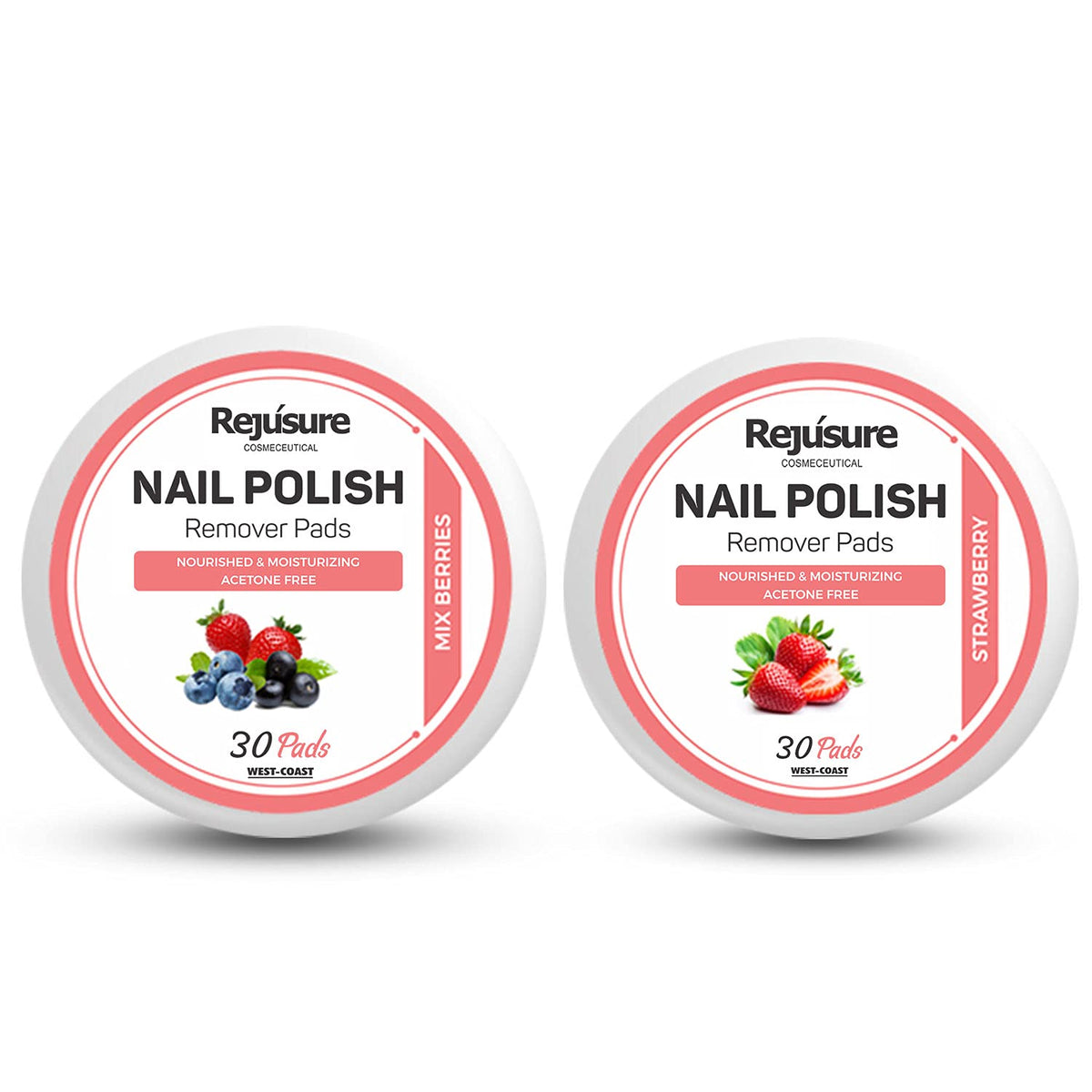 Rejusure Nail Polish Remover Pads Combo - Acetone-Free, Nourished & Moisturizing | Strawberry & Mixed Berries (30+30 Pads)