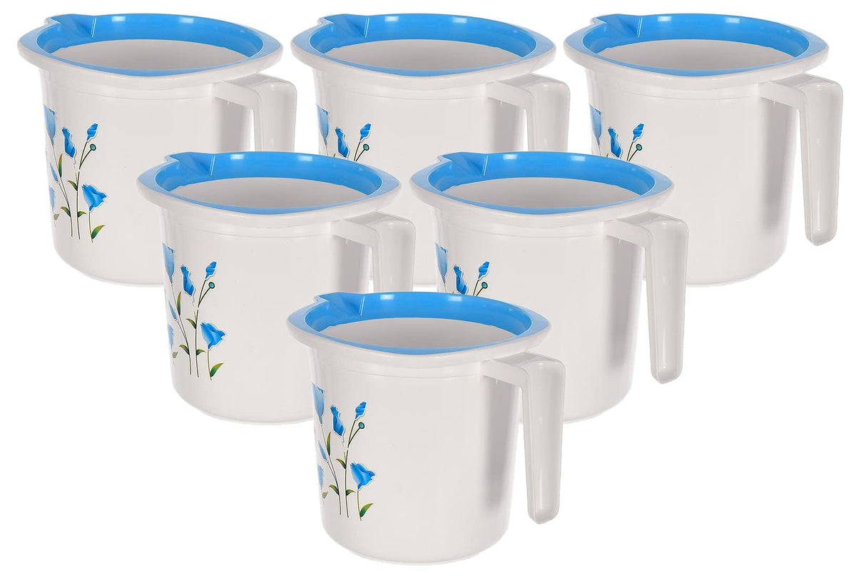 Heart Home Floral Print Plastic Bathroom Mug 1.5 Litre- Pack of 6 (Blue)-46HH0197