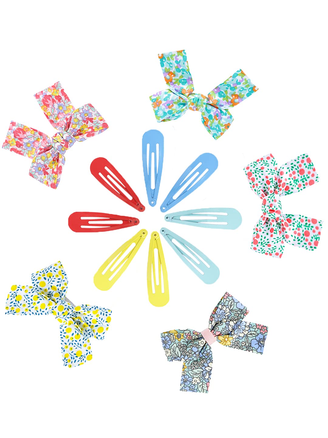 Melbees by Yellow Chimes Combo of 13 pcs with 5 PCs Printed Bow Hair Clips Ribbon Hair Clips and 8 Pcs Hair Snap Clips Hair Accessories for Kids Girls, Multi-Color, Meduim (YCHACL-KD003-MC)