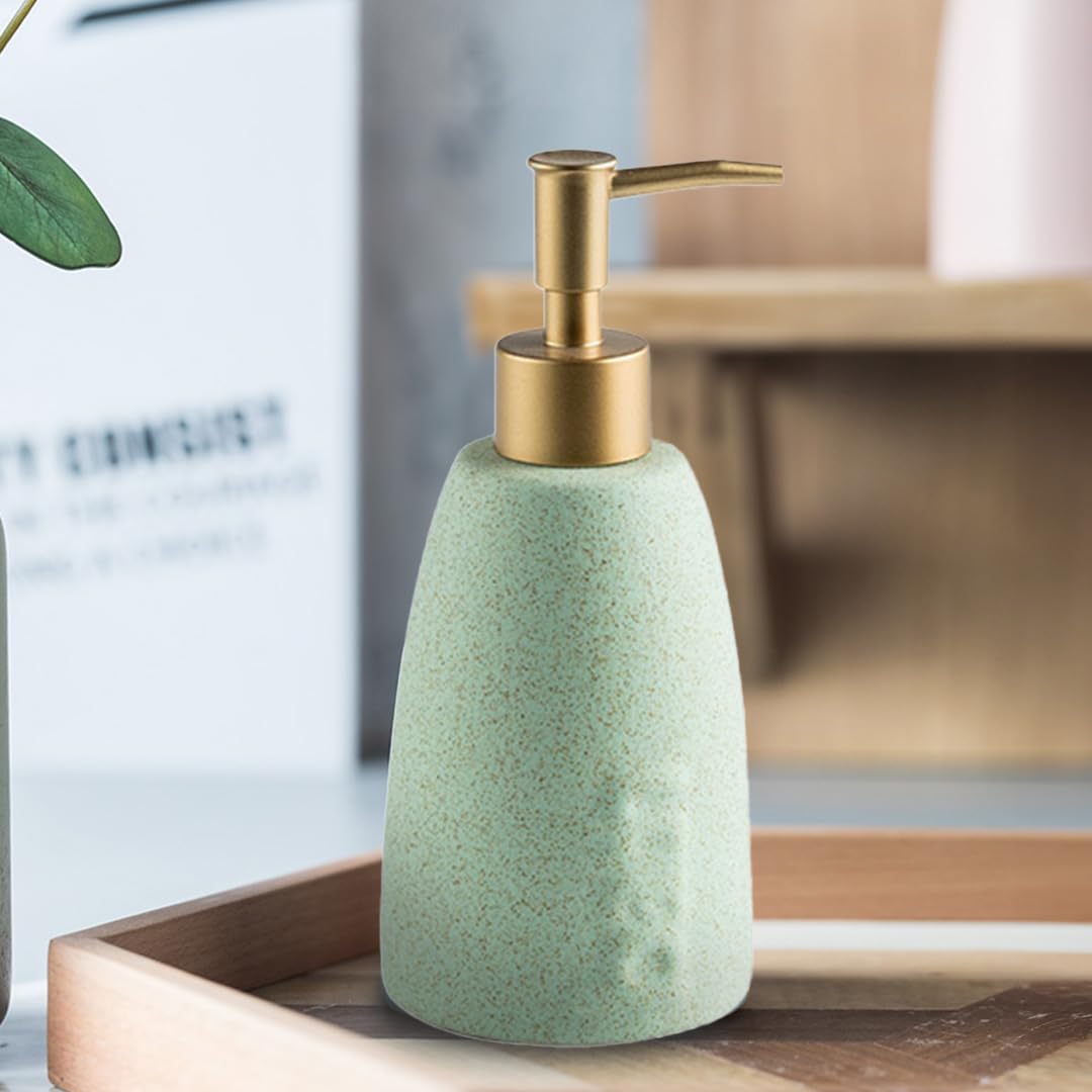 UMAI Liquid Soap Dispenser | Stoneware | Bathroom Sanitizer, Lotion, Shampoo Dispenser | Ceramic Handwash Bottle for Kitchen | Soap Dispenser for Wash Basin | Bathroom Accessories | Green | 320 ml