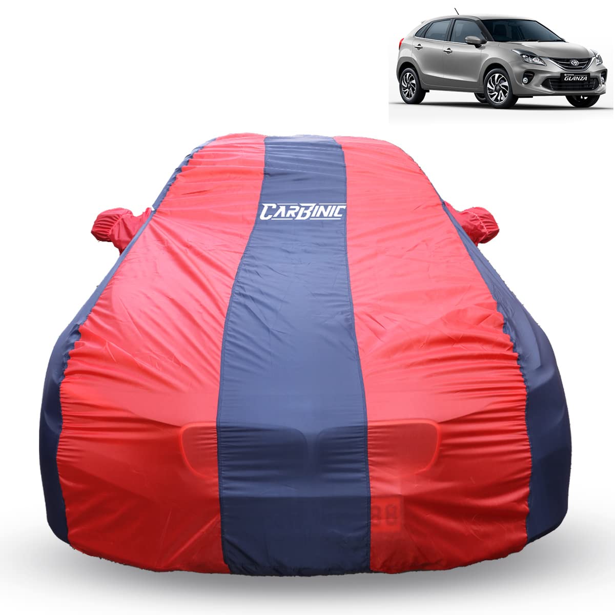 CARBINIC Car Body Cover for Toyota Glanza 2022 | Water Resistant, UV Protection Car Cover | Scratchproof Body Shield | Dustproof All-Weather Cover | Mirror Pocket & Antenna | Car Accessories, Blue Red