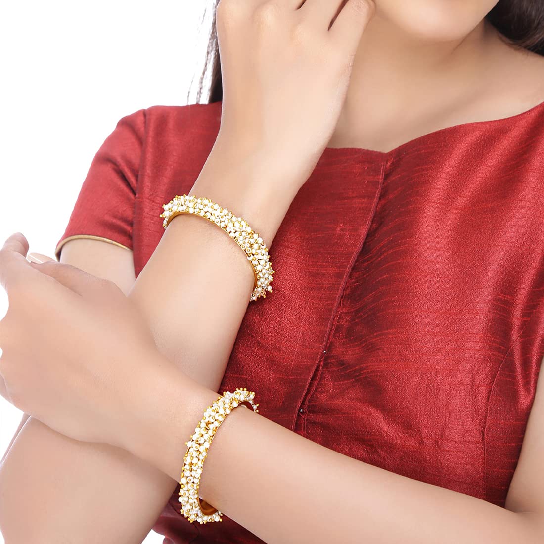 Yellow Chimes Moti Bangles for Women Pearl Studded Moti Traditional Gold Plated 2 PCs Bangles Set for Women and Girls