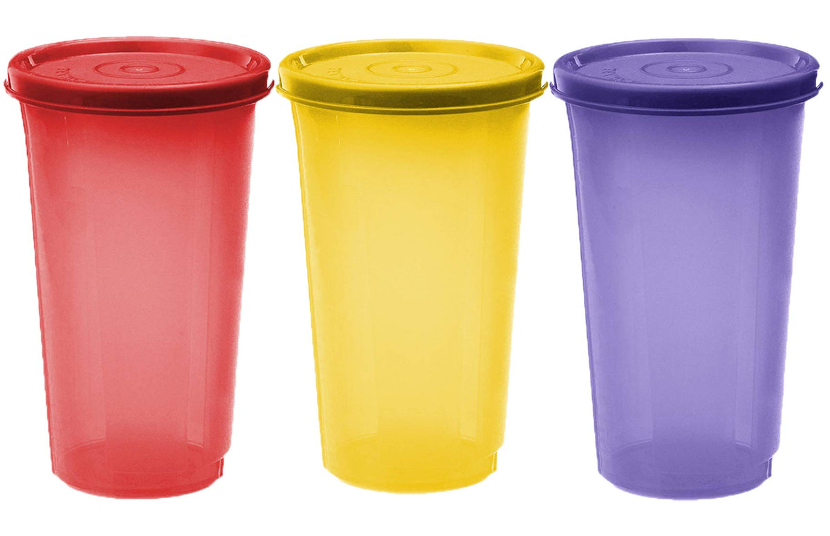 Kuber Industries Virgin Plastic Everday Small Glass 4 Piece Tumbler/airtight Container Leakproof Storage with Lid 350ml (Multi) CTKTC034171