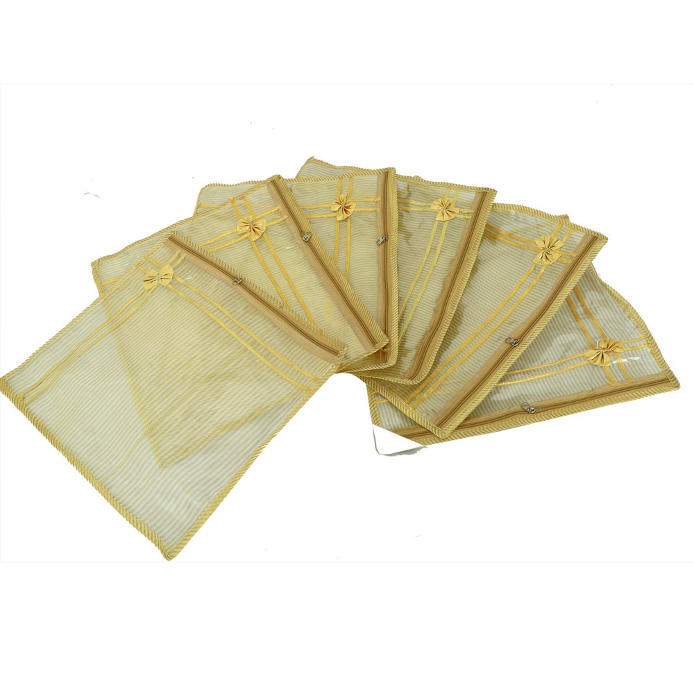 Kuber Industries 12 Piece Fabric Single Packing Saree Cover in Tissue Transparent Sheet, Golden