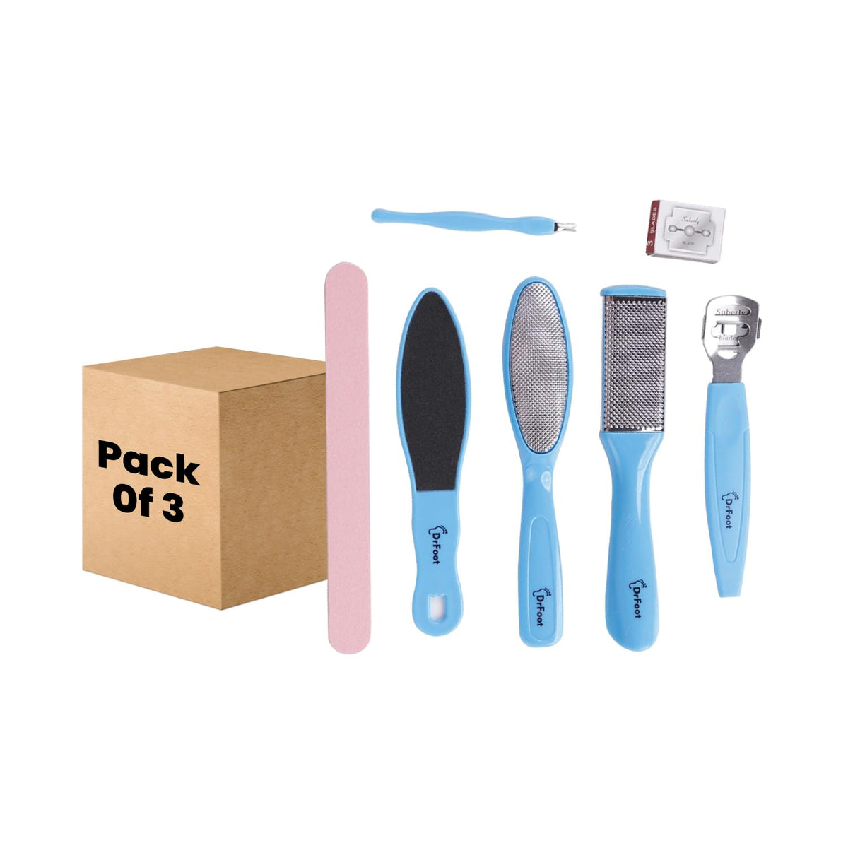 Dr Foot Pedicure Tools for Feet - 8 in 1 Pedicure Kit | Foot Scrubber for Dead Skin, Callus Remover, Foot Scraper, Foot File, Pitchfork, Filer for Nail Repair - 1 Set (Pack of 3)