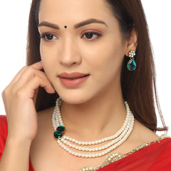 Yellow Chimes Jewellery Set for Women Multilayer Beads with Green Studded Neckalce Set with Earrings for Women and Girls