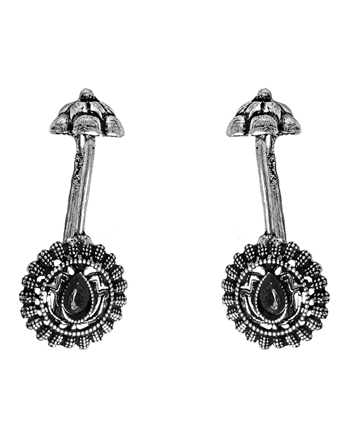 Teejh Nitara Black Stone Silver Oxidsed Clip On Bugadi For Women
