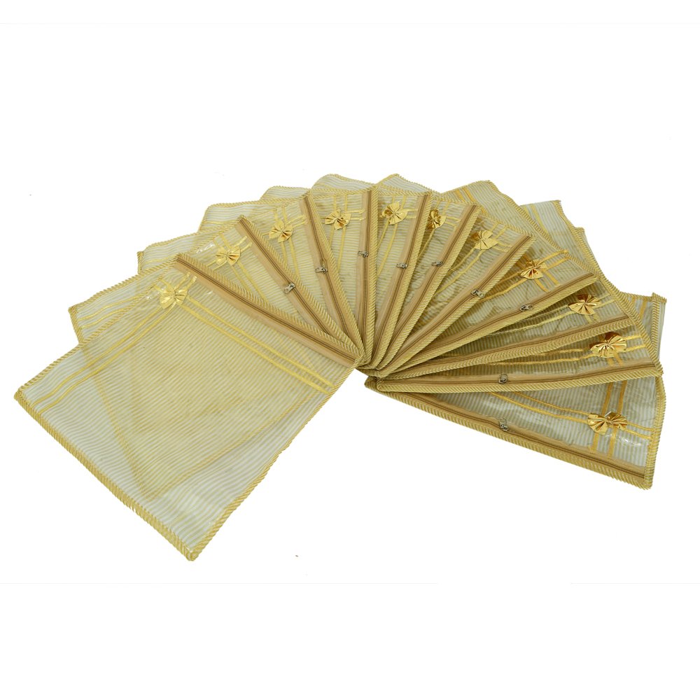 Kuber Industries 12 Piece Fabric Single Packing Saree Cover in Tissue Transparent Sheet, Golden