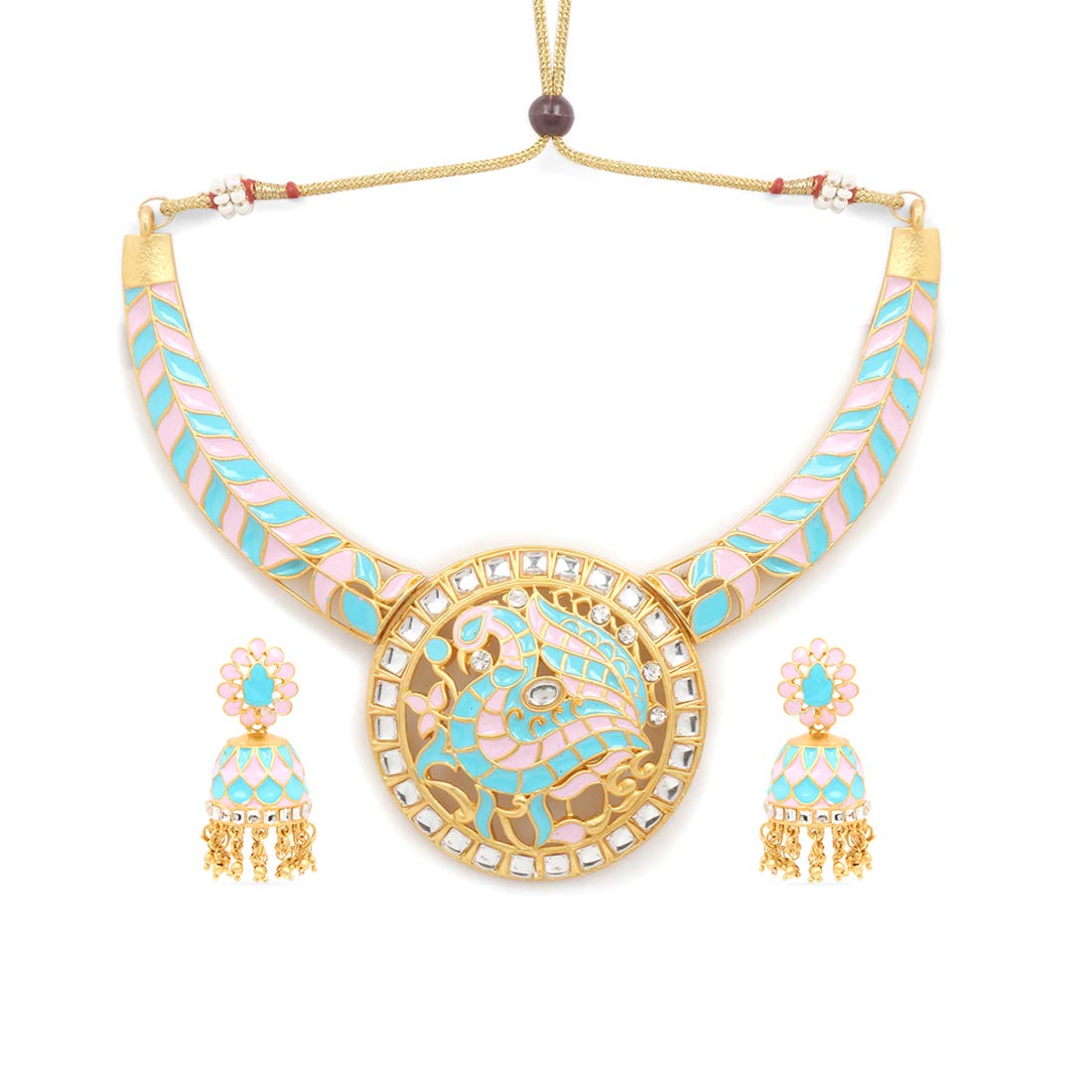 Yellow Chimes Kundan Meenakari Jewellery Set Traditional Gold Plated Antique Designer Choker Necklace with Earrings for Women and Girls