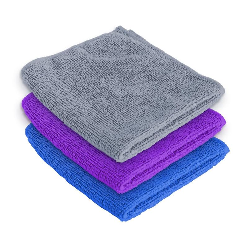 Encasa Microfiber Towels (60x40 cm) for car and Kitchen Cleaning, Perfect for Travel, Beach Trips, Backpacking, Camping and Gym use - Fast Drying - 3-Pack - Blue-Grey-Purple