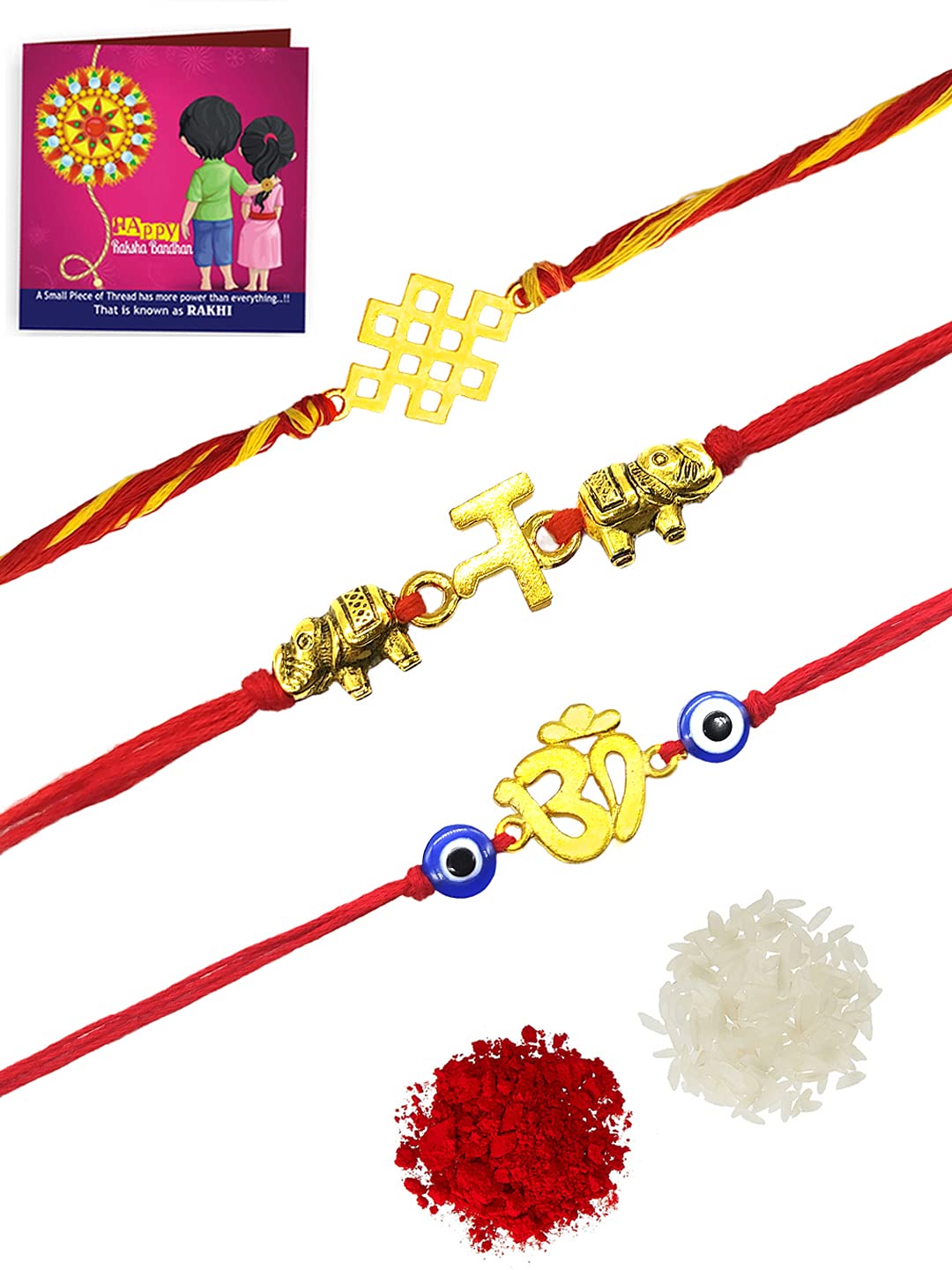 Yellow Chimes Combo of 3 Pcs Handmade Dori Worked Gold Toned OM Initial Letter N and Celtic Design Evil Eye Beads Rakhi for Brother with Roli & Chawal, Red, Gold, Medium (YCTJRK-27BHAY-GL)