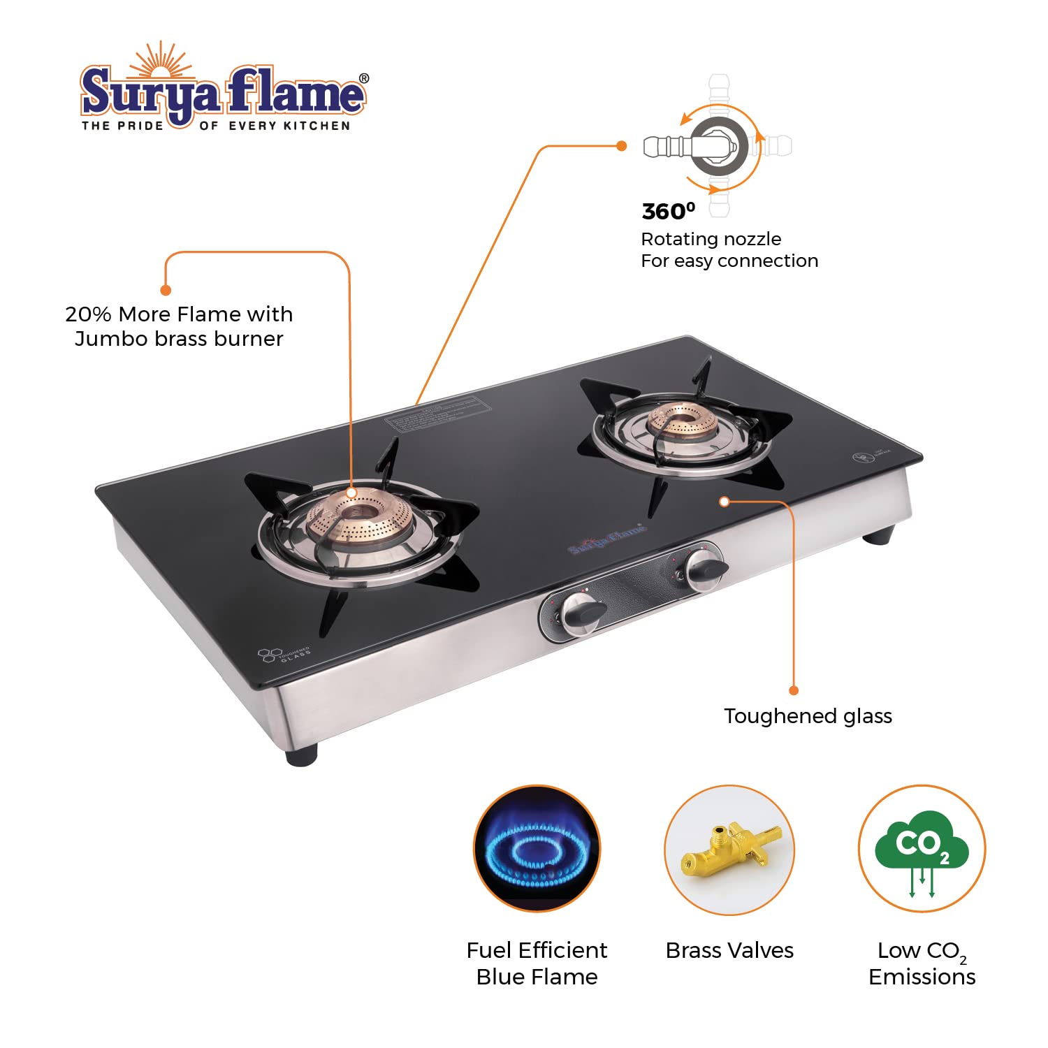Surya Flame Supreme Gas Stove Glass Top | Stainless Steel Body | LPG Stove with Jumbo Burner & Spill Proof Design - 2 Years Complete Doorstep Warranty (2 Burner, 2)
