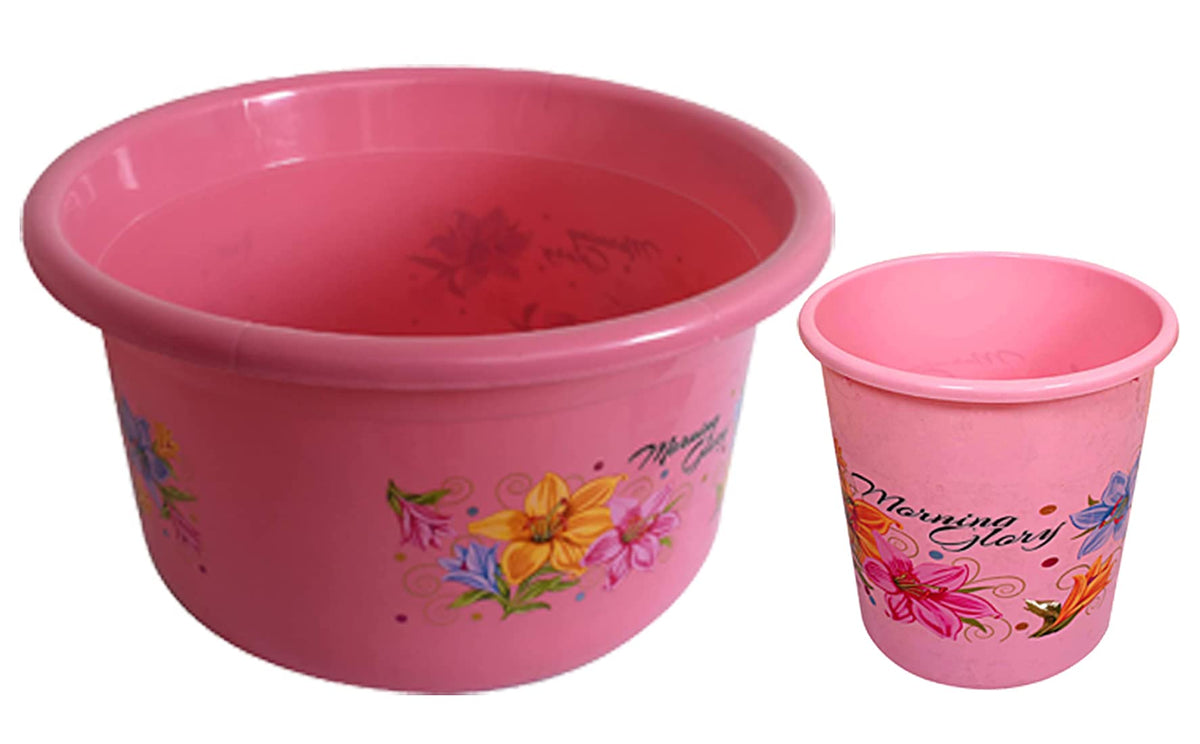 Kuber Industries Printed 2 Pieces Plastic Bathroom Dustbin & Tub Set (Pink)