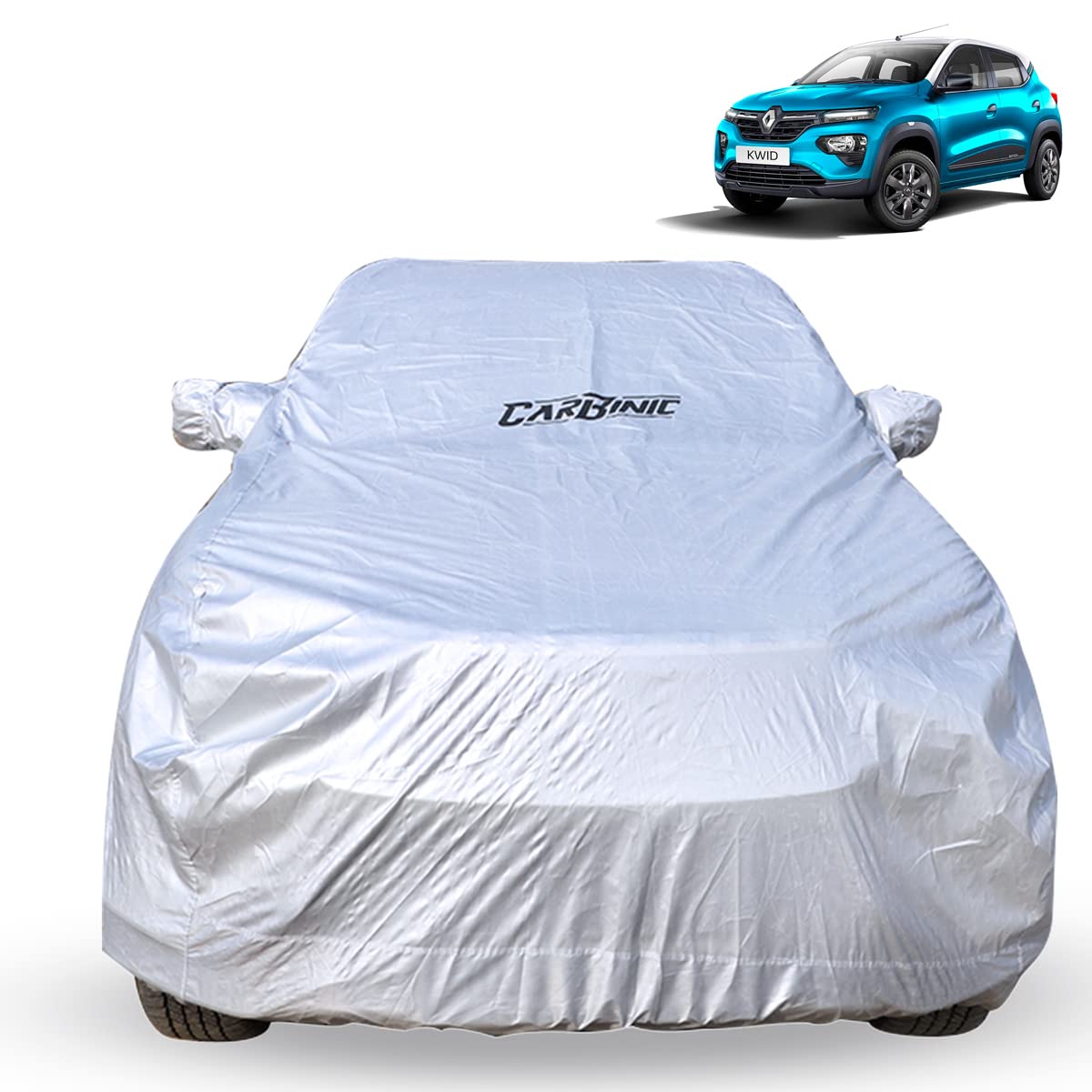 CarBinic Car Cover for Renault Kwid 2019 Waterproof (Tested) and Dustproof Custom Fit UV Heat Resistant Outdoor Protection with Triple Stitched Fully Elastic Surface | Silver with Pockets