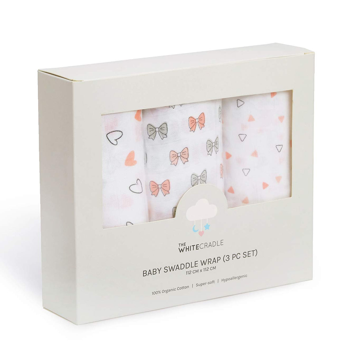 The White Cradle Pure Organic Cotton Super Soft Muslin Baby Swaddle Wrap, Large 112 x 112 cm , Pink, 3 Design -3 Pieces Pack