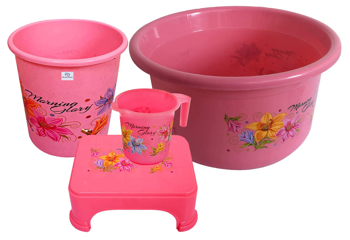Heart Home Printed 4 Pieces Plastic Mug, Stool, Dustbin & Tub Set (Pink)