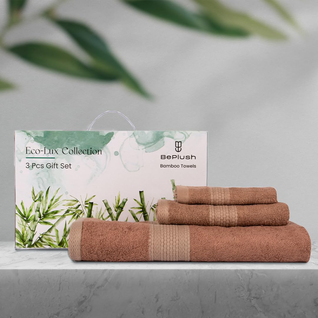 BePlush 3 Piece Towels Set | Ultra Soft, Highly Absorbent, Anti Bacterial (Bath Towel, Hand Towel and Face Towel) Perfect as a Diwali/House Warming/wedding (Gift Box : Rust)