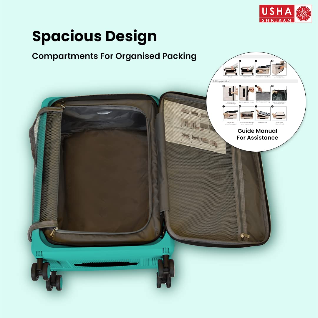 USHA SHRIRAM Check-In Bag (24 inch - 65cm) Collapsible Luggage Bag| Polypropylene Shell | Light mint| Suitcase For Travel | 360 Degree Wheel | Foldable Trolley Bag For Travel | Medium Size Trolley Bag