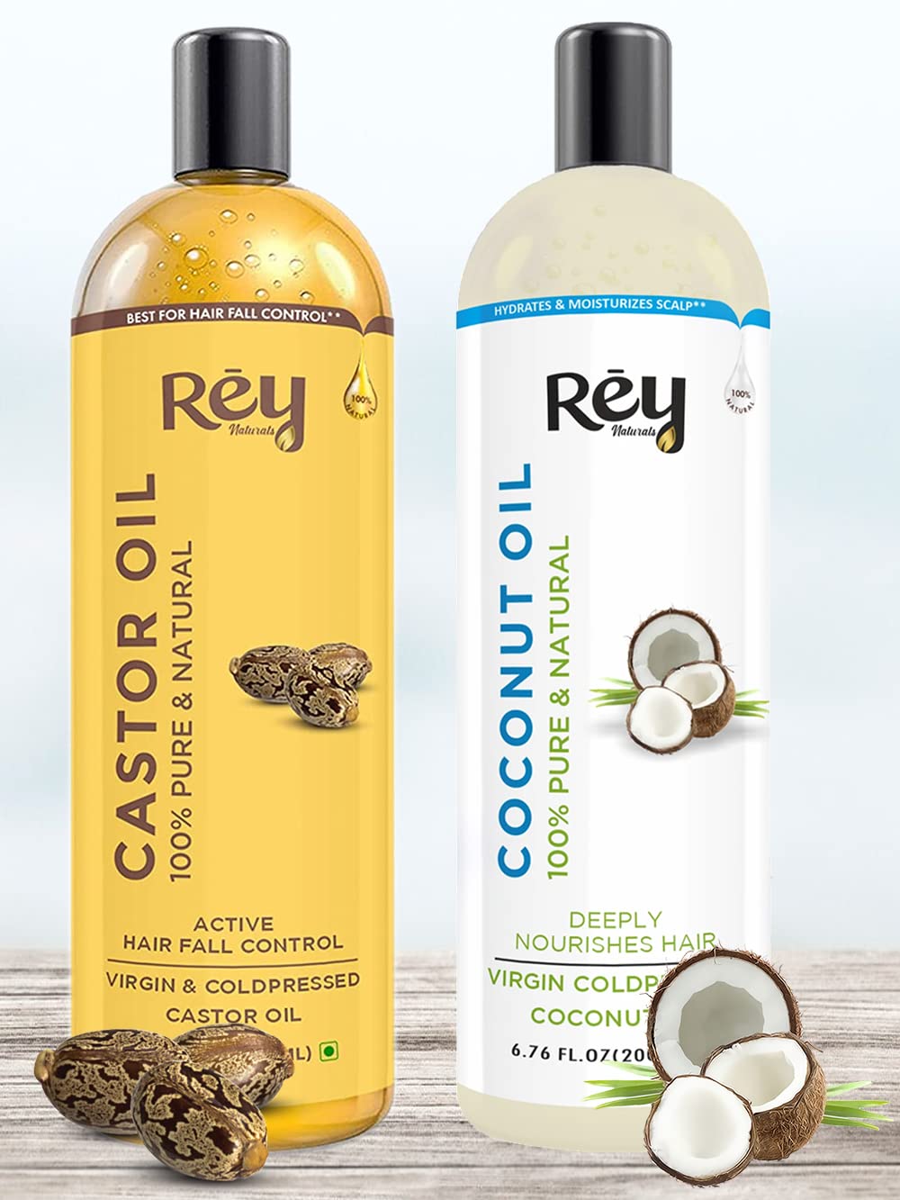 Rey Naturals Virgin Coconut Oil & Castor Oil For Hair Growth, Dandruff & Hairfall Control (Arandi Ka Tel, Nariyal Oil) - 200ml*2 | Pure Unrefined Cold Pressed Oil for Hair & Skin Care