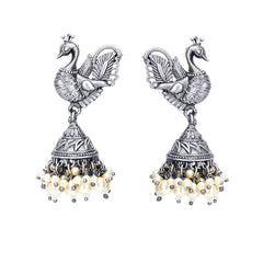 Yellow Chimes Ethnic German Silver Oxidised Peacock Design Pearl Traditional Jhumka Earrings for Women And Girls, Medium (Model Number: YCTJER-5OXDPKPRL-SL)