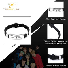 Yellow Chimes Unisex Kpop BTS Band Exquisite Signature J-Hope Silicon Silver Plated Stainless Steel Charm Bracelet for Men (Silver; Black; YCFJBR-01JHOPE-SLBK)