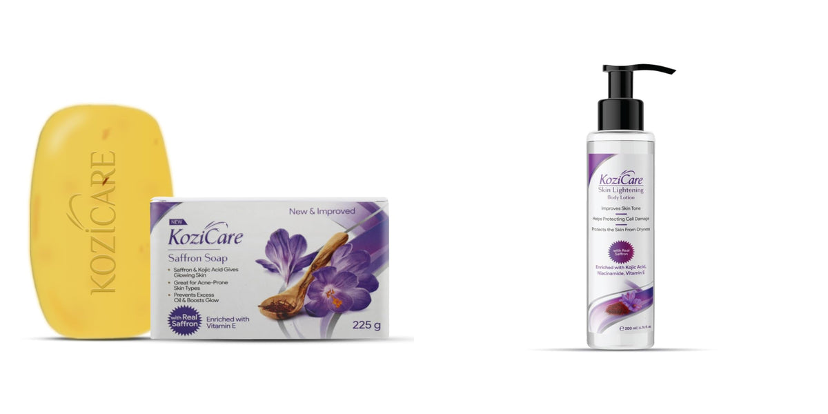 Kozicare Saffron Soap (Pack of 3) & Saffron Body Lotion - 200ml | Skin Lightening Soap | Kojic Acid, Alpha Arbutin, Shea Butter | Bath Soap for Men & Women, Body Lotion for Dry Skin