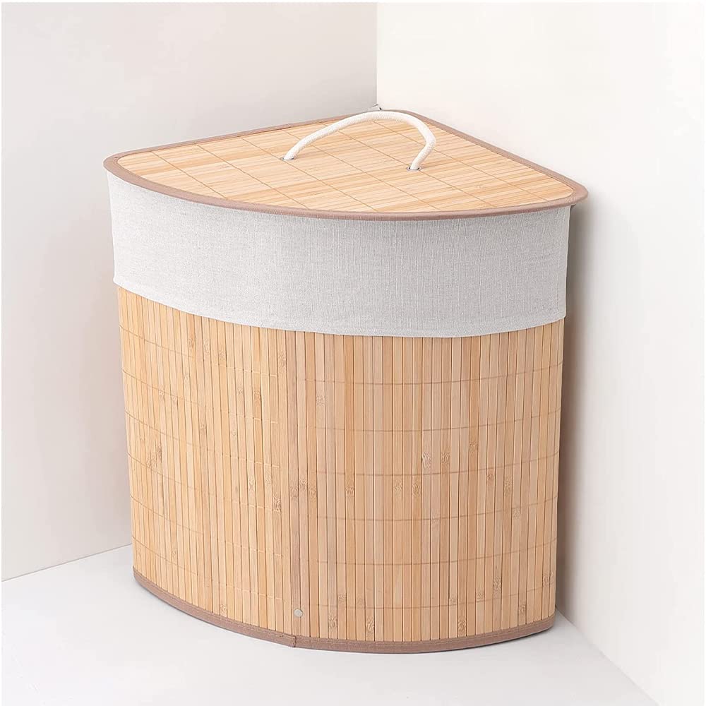 Kuber Industries Bamboo Basket With Lid|Foldable Laundry Basket For Clothes|Durable Rope Handles & Removable Bag|Natural