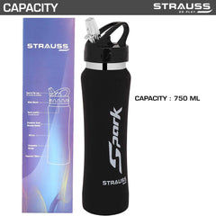 STRAUSS Spark Stainless-Steel Bottle, Rubber Finish, 750 ml | 100% Leak Proof | BPA Free | Water Bottle for Office, Gym Bottle, Home, Kitchen, Hiking, Trekking Bottle and Travel Bottle, (Black)